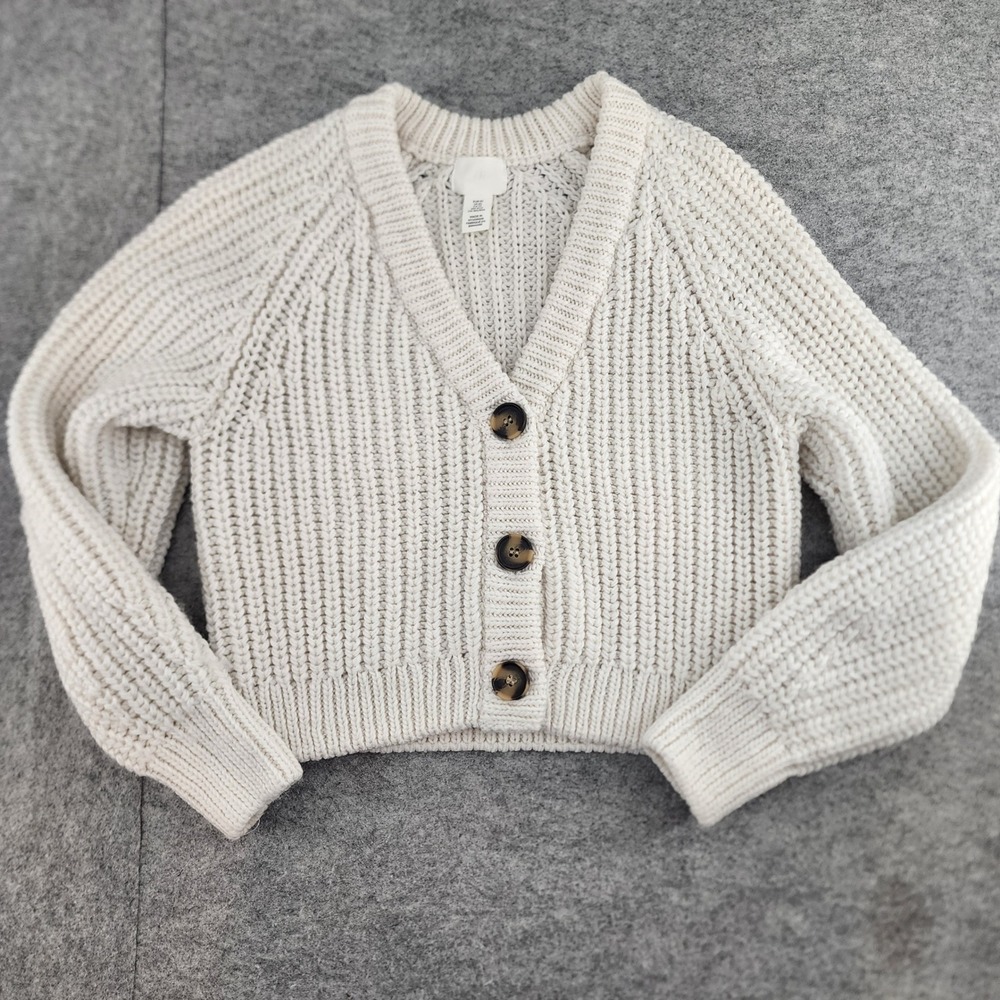 HM XS White Chunky Knit Button Front Cropped Cardigan Sweater Coquette Womens